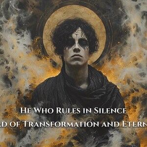 May include: An artistic digital painting of a person with dark hair and dramatic makeup, set against a backdrop of swirling gold and gray tones. The text reads "HE WHO RULES IN SILENCE LORD OF TRANSFORMATION AND ETERNITY."