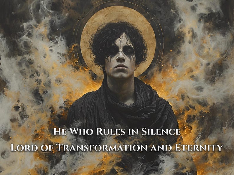 May include: An artistic digital painting of a person with dark hair and dramatic makeup, set against a backdrop of swirling gold and gray tones. The text reads "HE WHO RULES IN SILENCE LORD OF TRANSFORMATION AND ETERNITY."