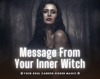 Può includere: Immagine di una donna con lunghi capelli scuri, un tatuaggio sulla spalla e il testo "Message From Your Inner Witch". È presente anche il testo "YOUR SOUL CARRIES HIDDEN MAGIC". Lo sfondo è una foresta oscura.