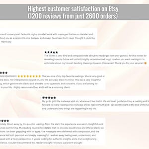 Puede incluir: La imagen muestra el texto: "Mayor satisfacci&oacute;n del cliente en Etsy (1200 rese&ntilde;as de solo 2600 pedidos)". Debajo, se ven rese&ntilde;as de clientes de cinco estrellas, que elogian el trabajo detallado, las lecturas perspicaces y la claridad proporcionada. Las rese&ntilde;as destacan la amabilidad y precisi&oacute;n.