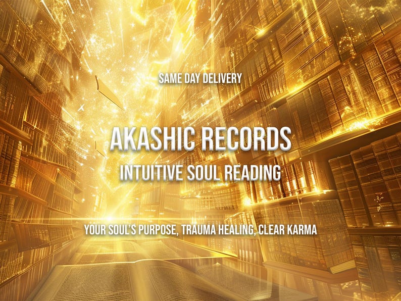 May include: A golden, ethereal image with the text "AKASHIC RECORDS, INTUITIVE SOUL READING." The background depicts a library with glowing light. Additional text includes "SAME DAY DELIVERY" and "YOUR SOUL'S PURPOSE, TRAUMA HEALING, CLEAR KARMA."