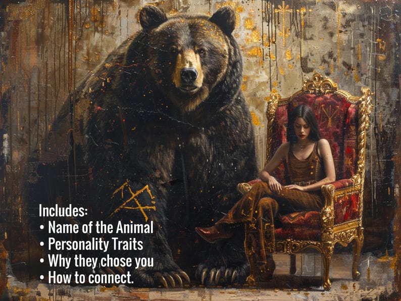 Puede incluir: Una pintura art&iacute;stica representa un gran oso y una persona sentada en una silla roja y dorada adornada. El oso es de color marr&oacute;n oscuro con un acento dorado. La persona lleva ropa marr&oacute;n. El texto dice: Incluye: Nombre del animal, Rasgos de personalidad, Por qu&eacute; te eligieron, C&oacute;mo conectar.
