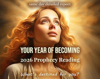 Könnte beinhalten: Digitales Kunstwerk einer Frau mit fließendem, rothaarigem Haar, die nach oben blickt und in goldenes Licht getaucht ist. Text: "YOUR YEAR OF BECOMING 2026 Prophecy Reading" und "What's destined for you?" mit "same day detailed report" oben.