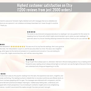 May include: Image displays customer satisfaction on Etsy, highlighting 1200 reviews from 2600 orders. The image features customer testimonials with five-star ratings, praising detailed work, insightful readings, and clarity provided.