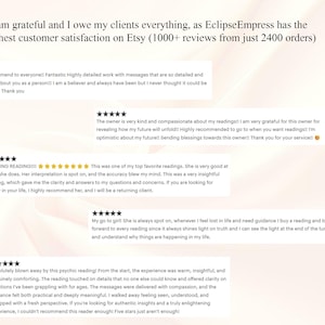 May include: Image featuring customer reviews with five-star ratings and text praising a service. The reviews highlight detailed work, insightful readings, and compassionate guidance. The text at the top states "highest customer satisfaction on Etsy".
