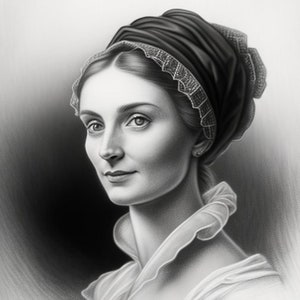 May include: A black and white portrait of a woman wearing a black bonnet with a lace trim. The woman has dark hair and is looking to the left. The background is a light gray.