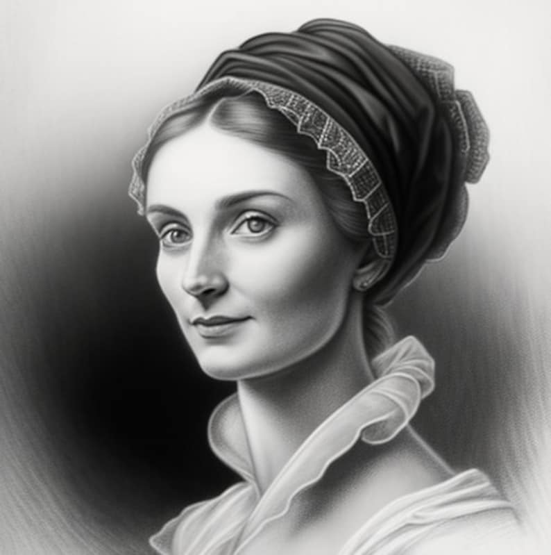 May include: A black and white portrait of a woman wearing a black bonnet with a lace trim. The woman has dark hair and is looking to the left. The background is a light gray.