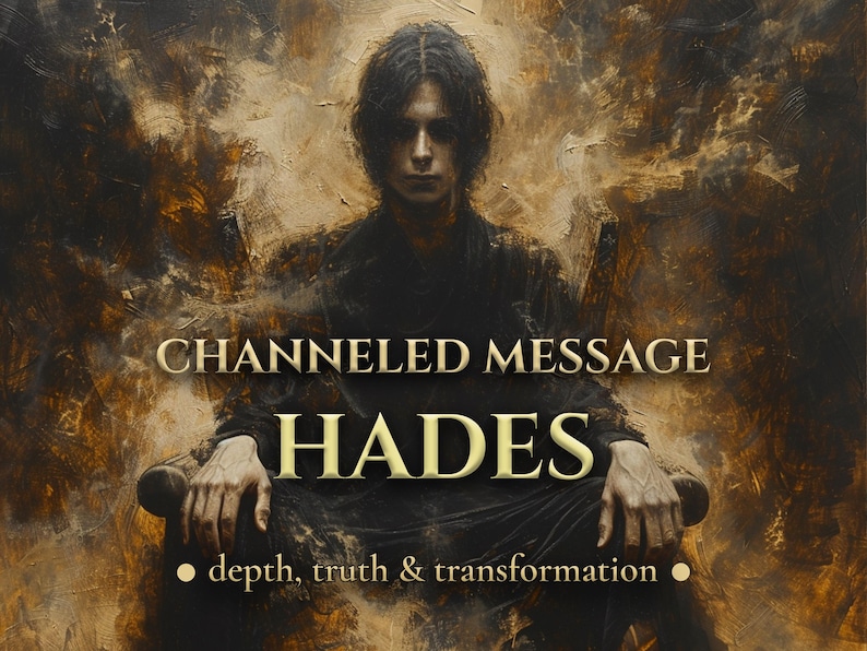 May include: An artistic digital painting featuring a person seated in a chair, with the text "CHANNELED MESSAGE HADES" in gold lettering. The image has a dark, textured background with the words "depth, truth & transformation".