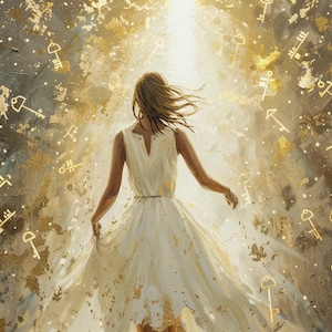 May include: An artistic painting depicts a woman in a white dress, arms outstretched, facing a bright light. Gold-colored keys and flecks adorn the background, creating a celestial and ethereal atmosphere.
