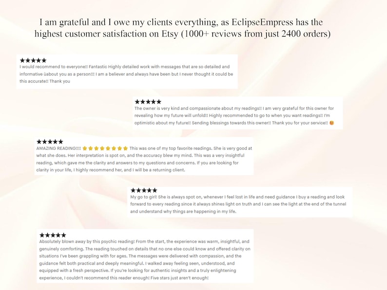 May include: Image featuring customer reviews with five-star ratings and text praising the service. The text includes phrases like "highly recommend" and "amazing reading." The background is a gradient of light colors.