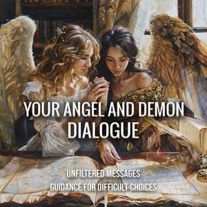 May include: An artistic image depicts two women with angel wings, one blonde and one brunette, studying a map. The text "YOUR ANGEL AND DEMON DIALOGUE" is prominently displayed, with additional text below reading "UNFILTERED MESSAGES" and "GUIDANCE FOR DIFFICULT CHOICES."