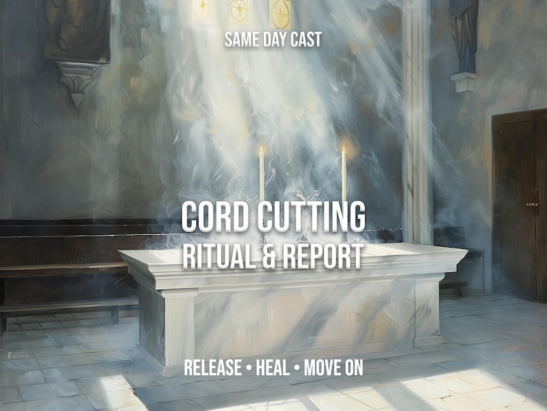 May include: An artistic image of a ritual space with the text "CORD CUTTING RITUAL & REPORT." The image includes a white altar, two lit candles, and the words "RELEASE &bull; HEAL &bull; MOVE ON."