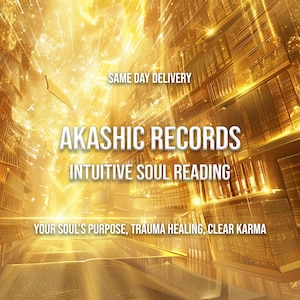 Op de afbeelding: Een digitale afbeelding van een bibliotheek met gouden licht en boekenplanken. De tekst luidt: SAME DAY DELIVERY, AKASHIC RECORDS, INTUITIVE SOUL READING, YOUR SOUL'S PURPOSE, TRAUMA HEALING, CLEAR KARMA. Een open boek is onderaan zichtbaar.
