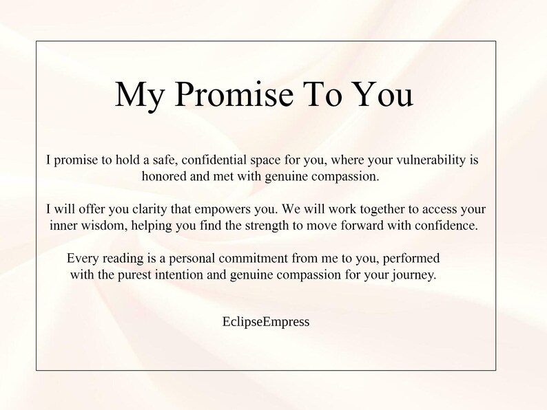 K&ouml;nnte beinhalten: Gerahmtes Dokument mit dem Titel "My Promise To You" in fetter, schwarzer Schrift. Der Text verspricht einen sicheren Raum, Klarheit und pers&ouml;nliches Engagement. Der Name des Autors, "EclipseEmpress", steht unten.