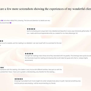 May include: Image featuring client testimonials with five-star ratings and positive feedback. Text includes phrases like "beautiful drawing," "amazing and unique item," and "very detailed." The background has a soft, blurred gradient.