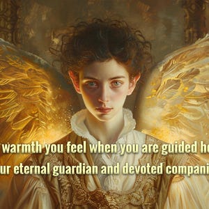 May include: An artistic portrait of a person with golden angel wings. The person has fair skin, blue eyes, and dark curly hair. The image includes the text: "The warmth you feel when you are guided home. Your eternal guardian and devoted companion."