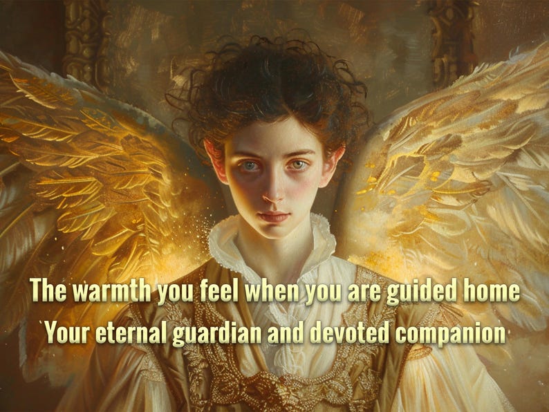 May include: An artistic portrait of a person with golden angel wings. The person has fair skin, blue eyes, and dark curly hair. The image includes the text: "The warmth you feel when you are guided home. Your eternal guardian and devoted companion."