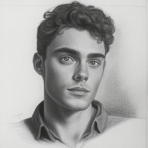 May include: A black and white pencil drawing of a person with curly hair. The person is looking directly at the viewer. The drawing is done in a realistic style.