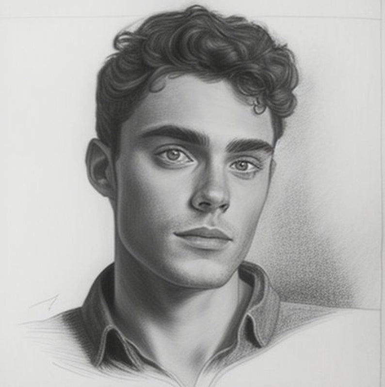 May include: A black and white pencil drawing of a person with curly hair. The person is looking directly at the viewer. The drawing is done in a realistic style.