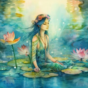 May include: A woman with blue hair and a flower crown sits in a pond surrounded by water lilies. The water is a vibrant blue and green, and the lilies are pink and white.