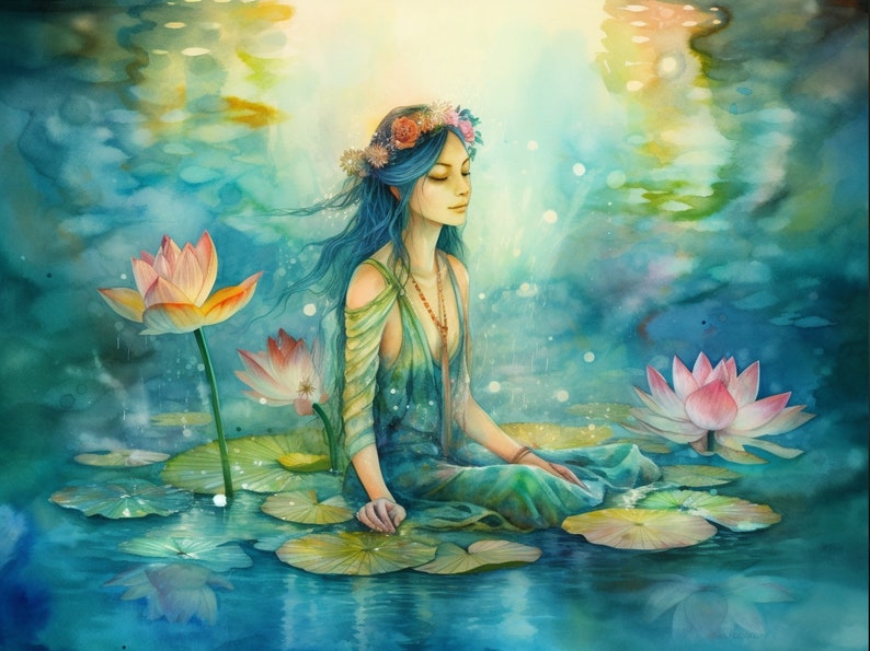May include: A woman with blue hair and a flower crown sits in a pond surrounded by water lilies. The water is a vibrant blue and green, and the lilies are pink and white.
