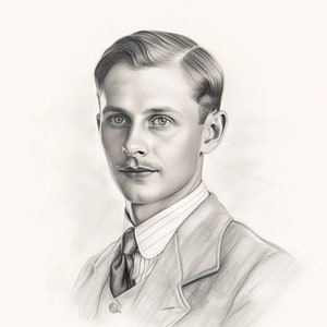 May include: A black and white pencil drawing of a man in a suit and tie. He has short, neatly combed hair and a serious expression on his face.