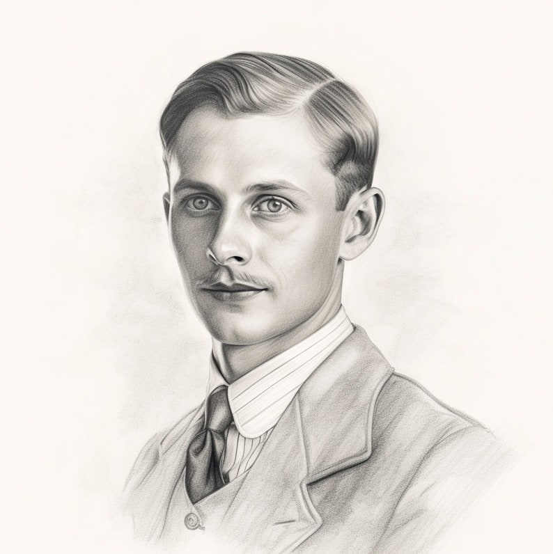 May include: A black and white pencil drawing of a man in a suit and tie. He has short, neatly combed hair and a serious expression on his face.
