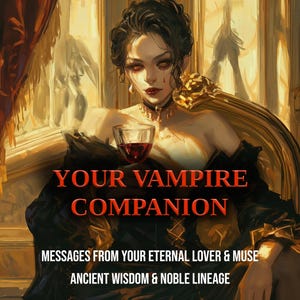 Könnte beinhalten: Eine künstlerische Illustration zeigt eine Frau mit roten Augen und einer Träne, die ein Glas mit roter Flüssigkeit hält. Der Text "YOUR VAMPIRE COMPANION" ist rot, zusammen mit "MESSAGES FROM YOUR ETERNAL LOVER & MUSE" und "ANCIENT WISDOM & NOBLE LINEAGE".