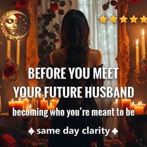 Puede incluir: Imagen con texto que dice: "ANTES DE CONOCER A TU FUTURO MARIDO, convirtiéndote en quien estás destinado a ser, claridad el mismo día". La imagen presenta a una mujer frente a un espejo, rodeada de velas y rosas.