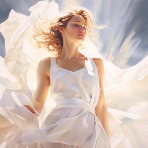 Puede incluir: Una mujer con un vestido blanco con tela fluida, ba&ntilde;ada por la luz del sol. La imagen captura un momento sereno con los ojos cerrados y el pelo al viento. La est&eacute;tica general es suave y et&eacute;rea.