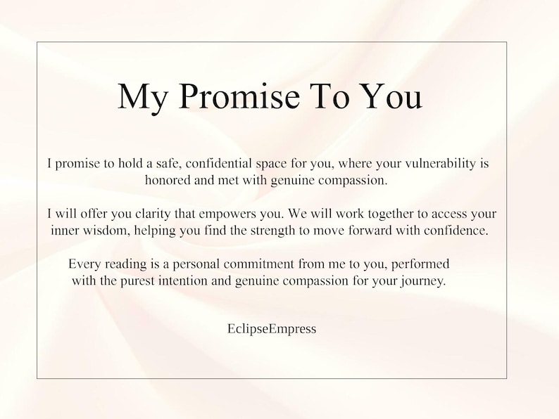 Puede incluir: Documento enmarcado con el t&iacute;tulo "My Promise To You" en negrita, en negro. El texto promete un espacio seguro, claridad y compromiso personal. El nombre del autor, "EclipseEmpress", est&aacute; en la parte inferior.