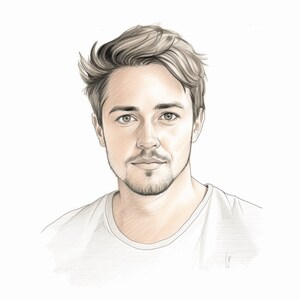 May include: A black and white pencil drawing of a man with short brown hair. He is wearing a white t-shirt and has a serious expression on his face.