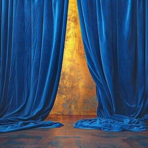 May include: Royal blue velvet curtains draped on either side of a golden-hued wall. The curtains pool on the floor, creating soft folds and shadows. The rich color and texture suggest luxury and elegance.