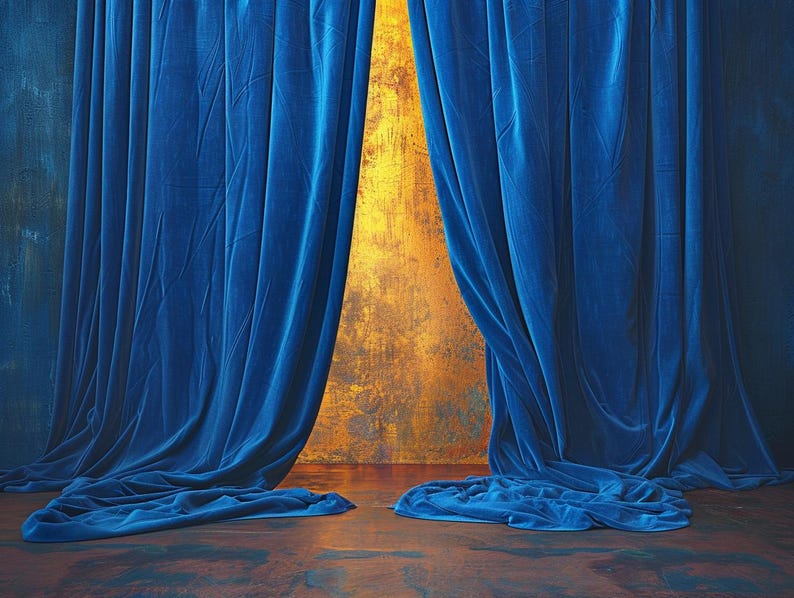 May include: Royal blue velvet curtains draped on either side of a golden-hued wall. The curtains pool on the floor, creating soft folds and shadows. The rich color and texture suggest luxury and elegance.