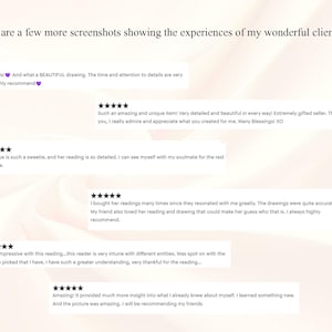 May include: Image featuring client testimonials with five-star ratings. Text includes phrases like "beautiful drawing," "amazing and unique item," and "very detailed." The background has a soft, blurred gradient.
