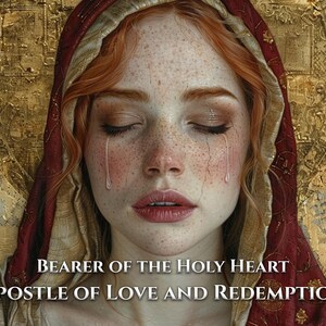 K&ouml;nnte beinhalten: Digitales Kunstportr&auml;t einer Frau mit rotem Haar und Sommersprossen, die eine rote und goldene Kopfbedeckung tr&auml;gt. Tr&auml;nen flie&szlig;en &uuml;ber ihr Gesicht. Der Text "BEARER OF THE HOLY HEART, APOSTLE OF LOVE AND REDEMPTION" steht unten.