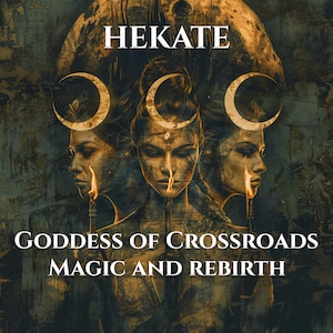 May include: Digital artwork featuring a depiction of Hecate, the Goddess of Crossroads, Magic, and Rebirth. The image shows three faces with crescent moon crowns, with the word "HEKATE" at the top and text below.