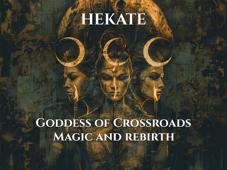 May include: Digital artwork featuring a depiction of Hecate, the Goddess of Crossroads, Magic, and Rebirth. The image shows three faces with crescent moon crowns, with the word "HEKATE" at the top and text below.