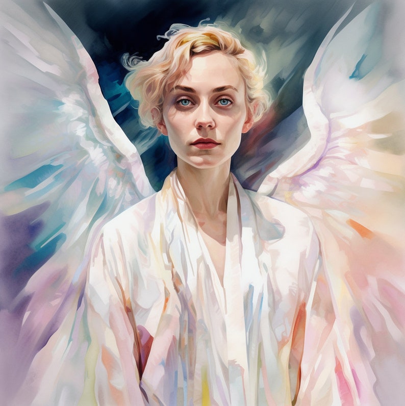 May include: A woman with short blonde hair wearing a white robe with a soft, ethereal glow. She is surrounded by large, feathery white wings, creating a sense of angelic beauty.