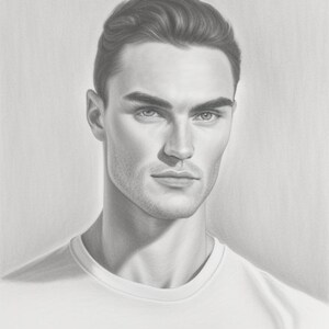 May include: A black and white pencil drawing of a man with short, dark hair. He is wearing a white t-shirt and has a serious expression on his face.