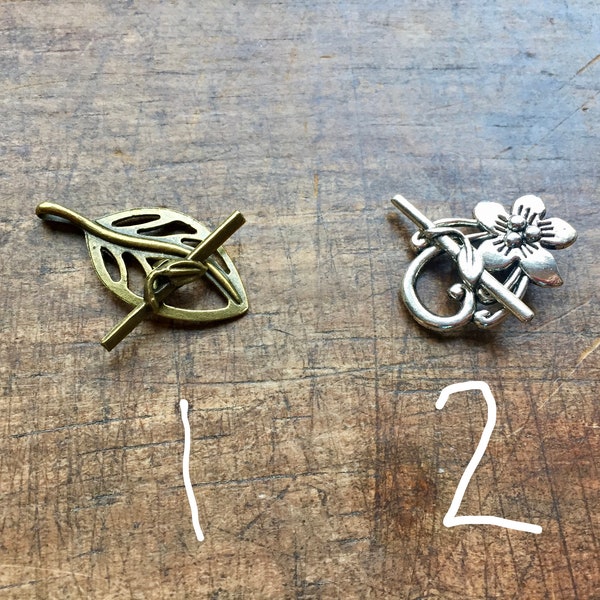 Choice Between 2 Styles Large, Decorative Toggle Clasps, Silver Flower Clasps or Bronze Leaf Clasps, You Will Receive 10 Sets, Nature Theme