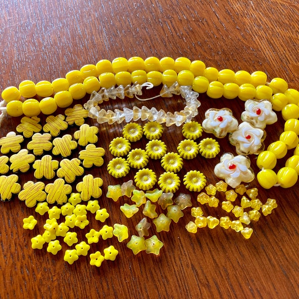 Destash Mix Yellow Flower Beads, Czech Glass, Small Flower Discs, Lampwork, 2-Hole Daisies, African, Faux Wood, Etc. Everything pictured!