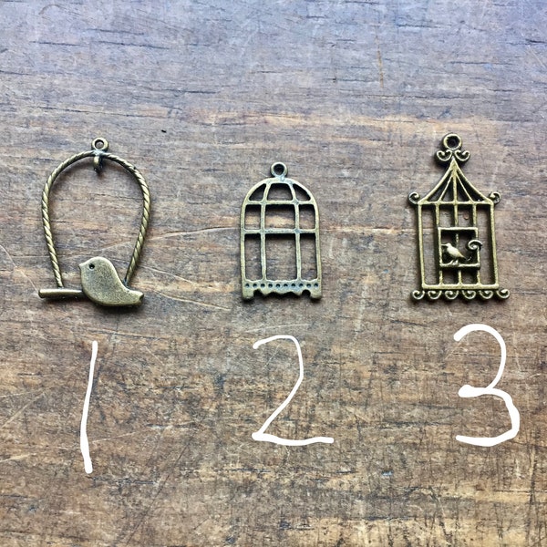 3 Different Style Bronze Pendant Charms: 30mm Bird on a Perch Pendant, 26mm Birdcage Pendant, or 32mm Bird in a Cage Pendant