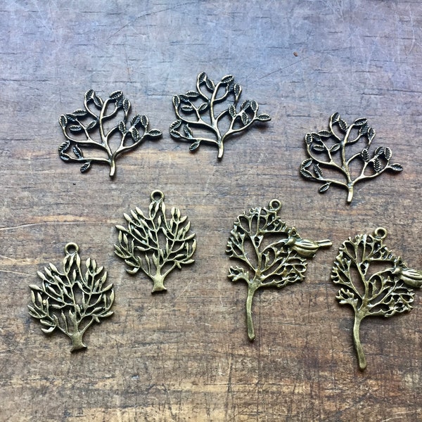 Destash, Mixed Lot of Bronze Tree Pendants, 2 30mm Short Tree Pendants, 2 42mm Bird in Tree Pendants, and 3 30mm Wide Tree Pendants