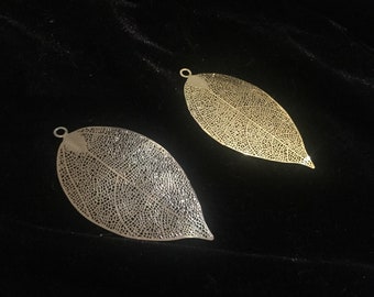 Set of Two Lightweight Filigree Leaf Pendants, Your Choice of Gold or Bronze, Veined Leaf Pendants 78mm or 82mm