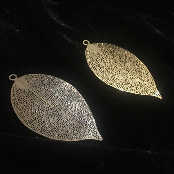 Set of Two Lightweight Filigree Leaf Pendants, Your Choice of Gold or Bronze, Veined Leaf Pendants 78mm or 82mm