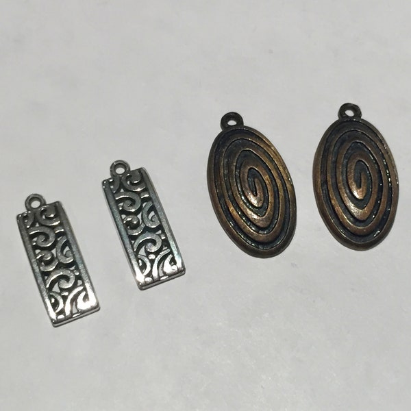 Destash Mixed Lot of 4 Pendants, 2 30mm Bronze Oval Pendants with Black Swirl Pattern, 2 25mm Silver Pendants with Filigree Scroll Pattern