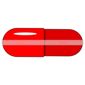 May include: A red capsule pill with a white line across the middle.