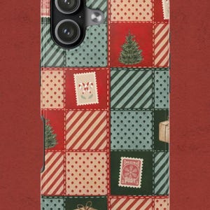 Funda para móvil con diseño de retazos navideños / Árbol de Navidad y regalo