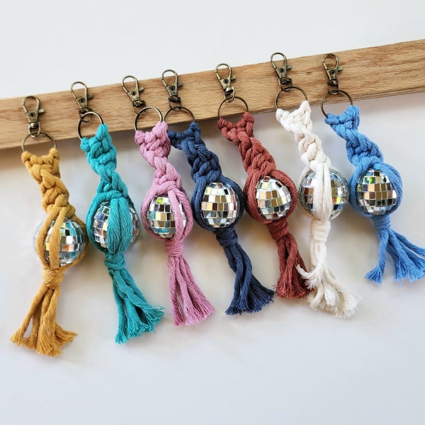 Macrame Disco Ball Keychain Charm, Handmade Retro Mirrorball Purse/Key Accessory, Mini Discoball Charm, Boho Gifts for Women, Trendy Keyring